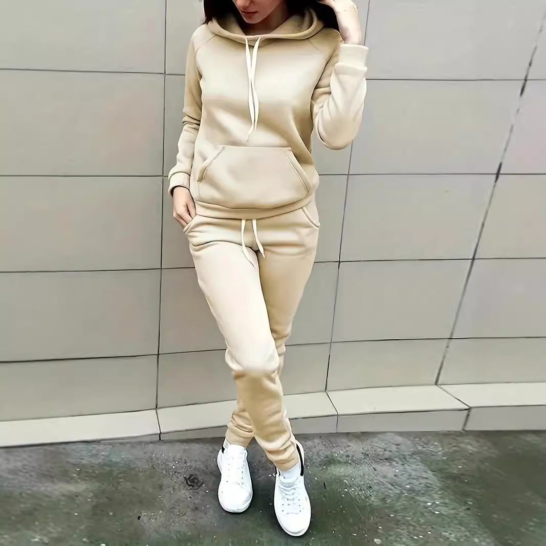 Hooded Sweater Solid Color With Fur Thickened Set Women