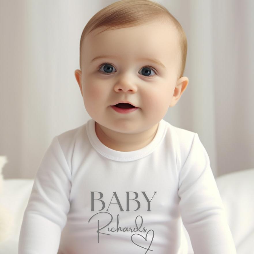Personalised Surname Heart Baby Grow, Vest or Bib with Name