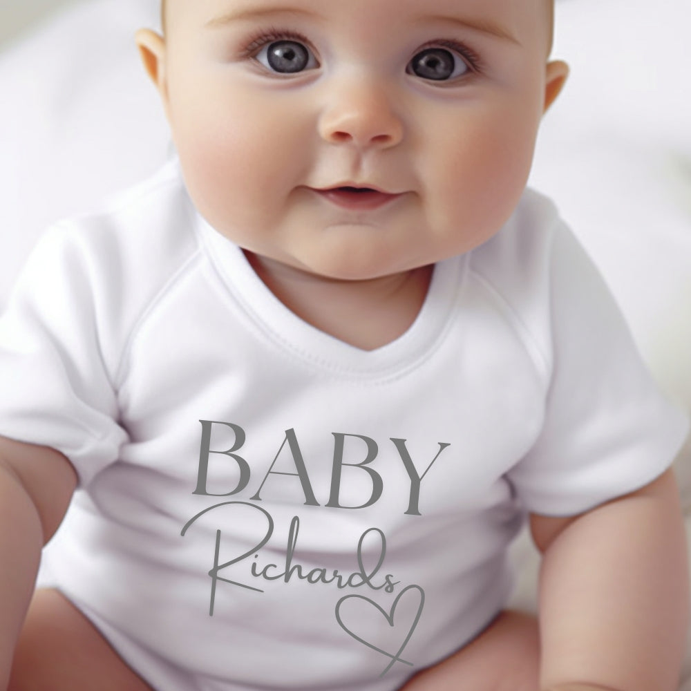 Personalised Surname Heart Baby Grow, Vest or Bib with Name