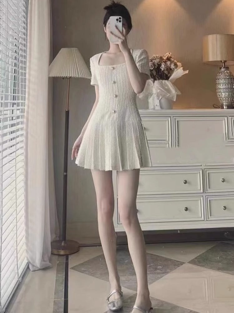 Temperament Slim White Square Neck Dress