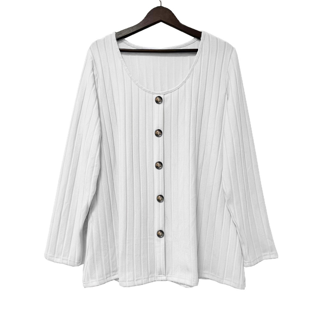 Ribbed Crew Neck Button-down Casual Long Sleeve
