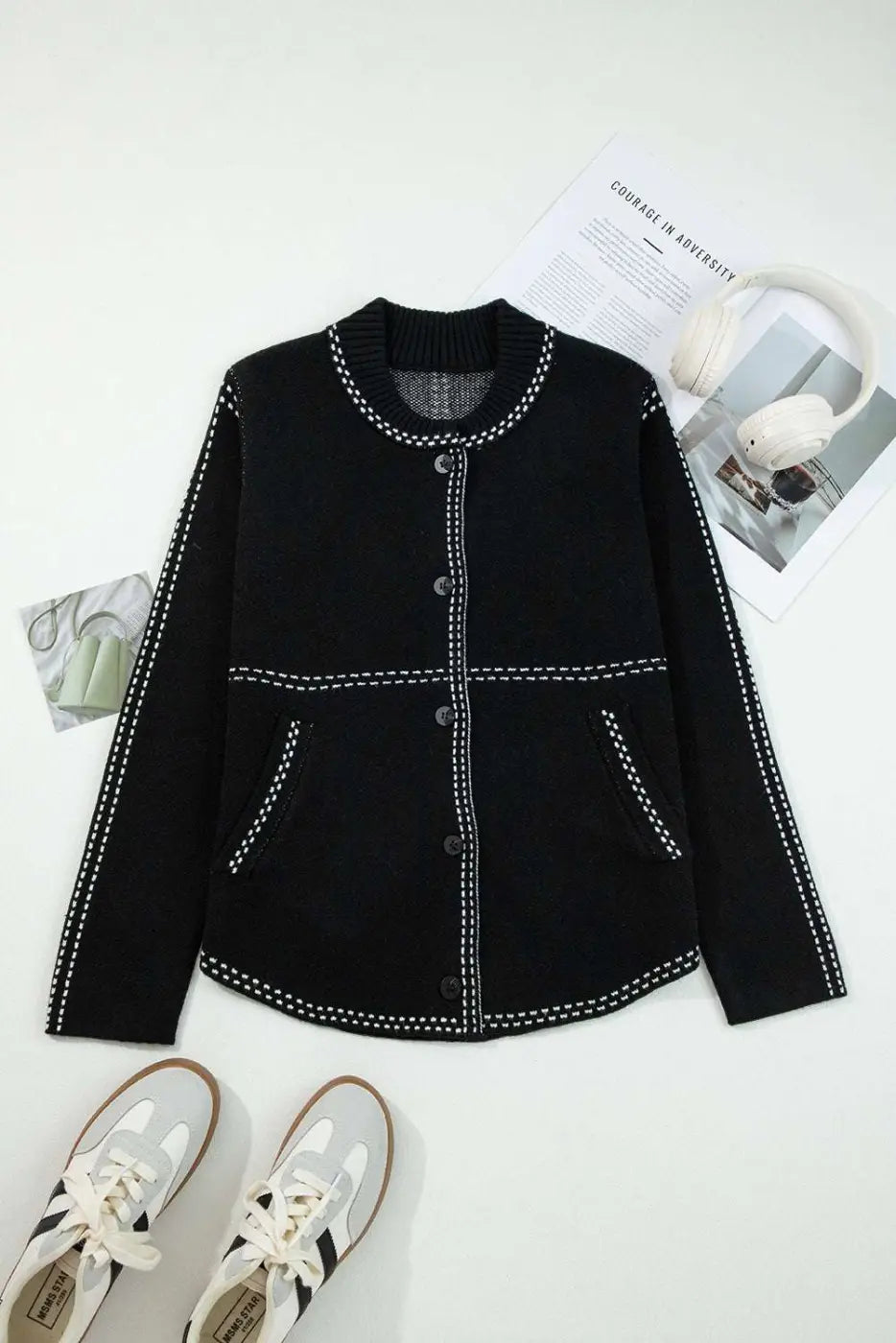 Black Contrast Trim Knit Cardigan Women UK