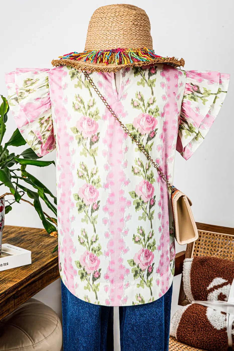 Pink Floral Ruffled Sleeve Summer Top Women UK