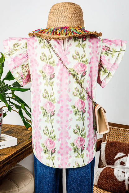 Pink Floral Ruffled Sleeve Summer Top Women UK