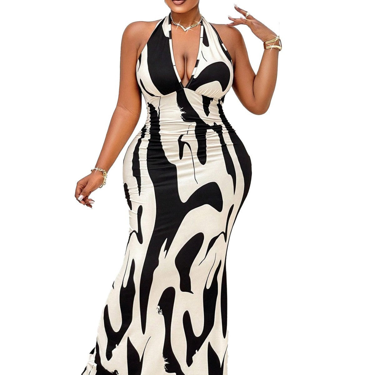 Halter Cows Pattern Dress V-neck Backless
