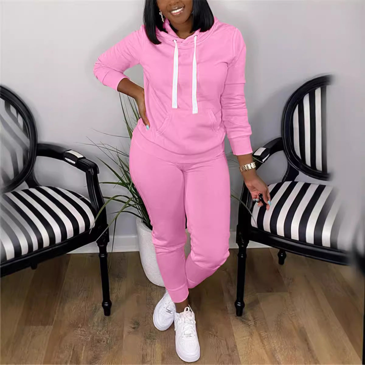 Hooded Sweater Solid Color With Fur Thickened Set Women