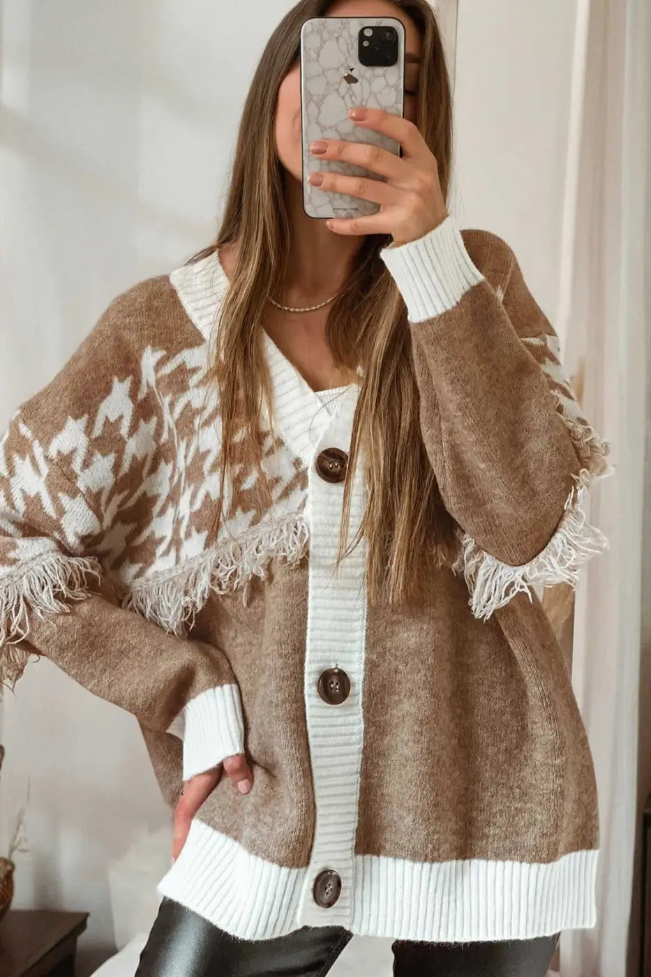 Khaki Houndstooth Knit Cardigan Women UK