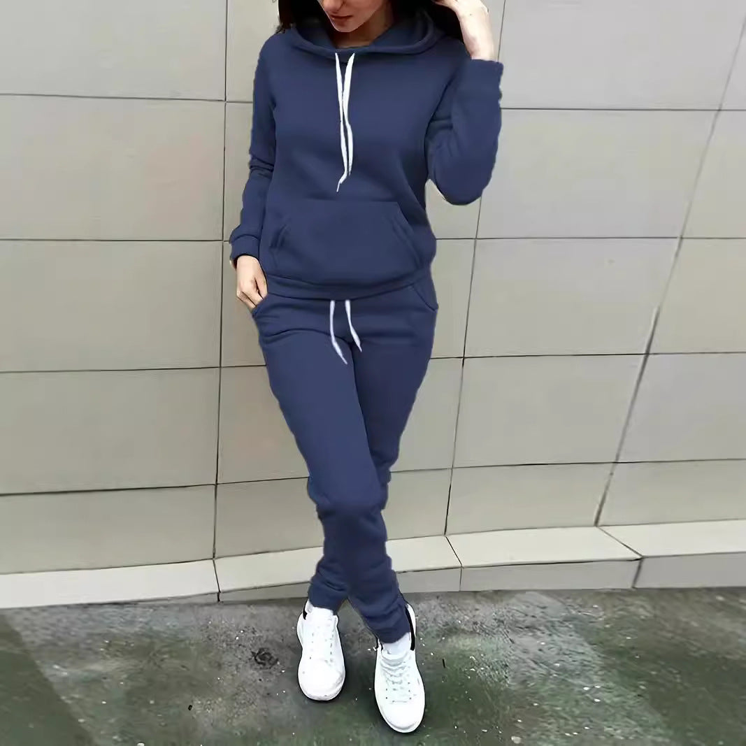 Hooded Sweater Solid Color With Fur Thickened Set Women