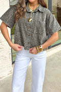 Gray Leopard Short Sleeve Denim Shirt Women UK