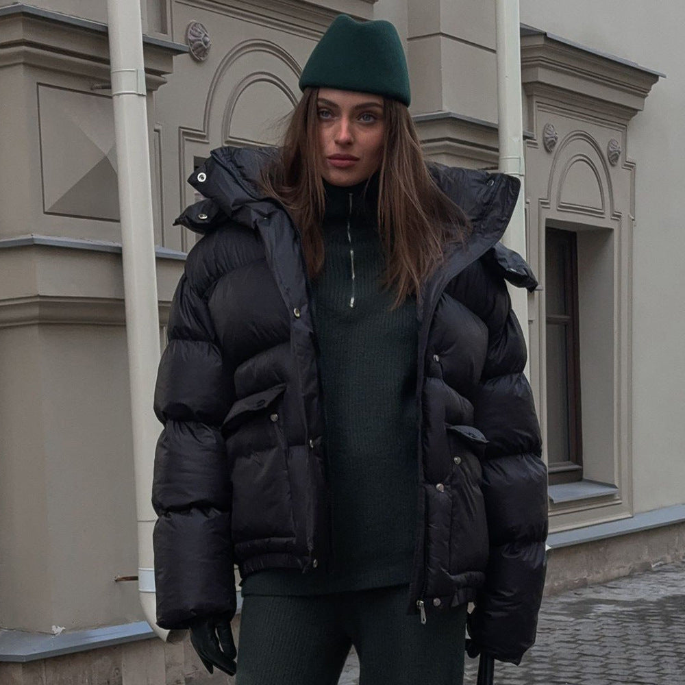 Women's Cottonpadded Overcoat Jacket Square Pocket Cushion Warm Hooded Cotton