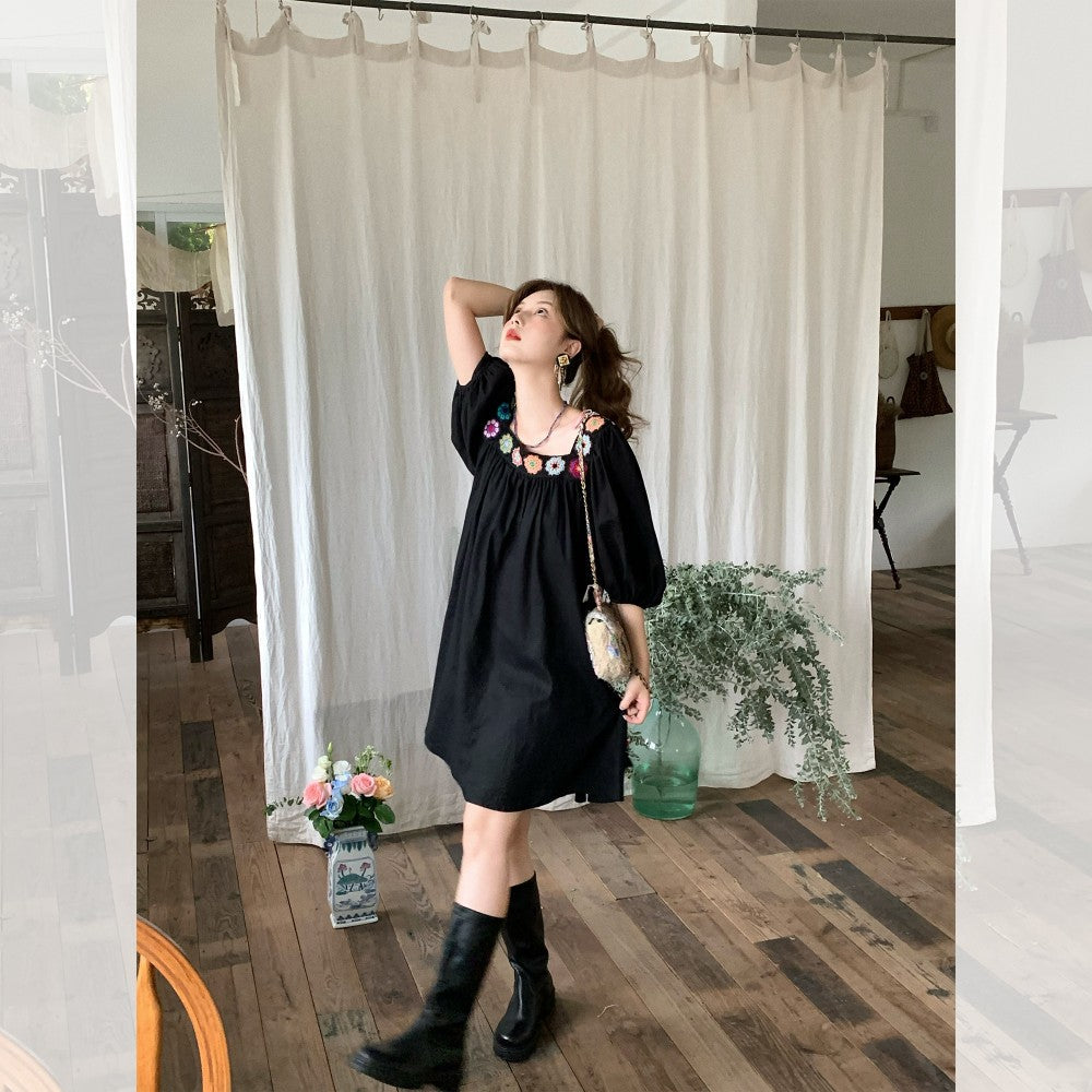 Black Retro Square Neck Dress For Women