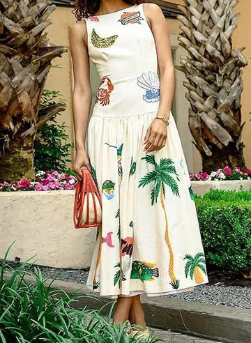 Sleeveless Off-neck Printed Backless Dress