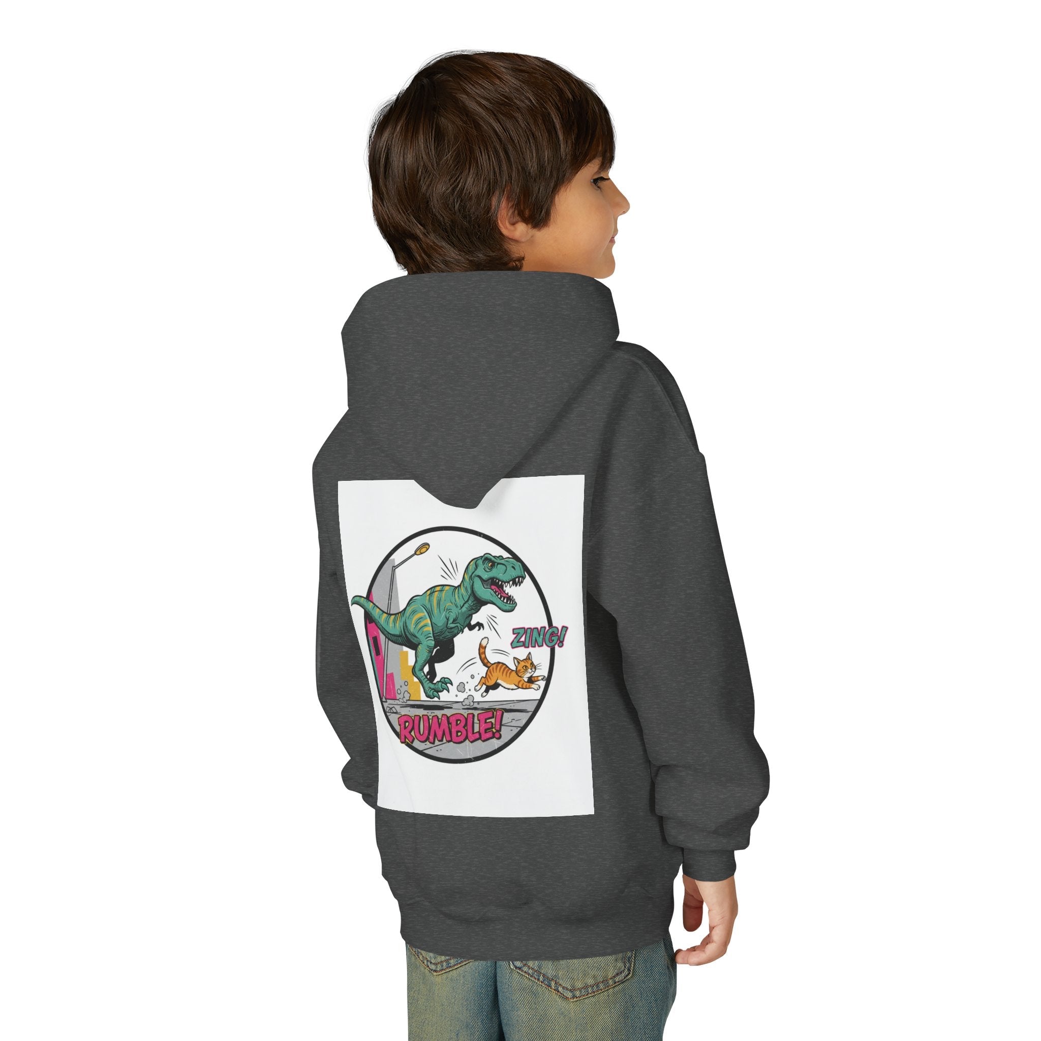T-Rex Chase Dino Rumble Youth Hoodie | Dinosaur Graphic Sweatshirt