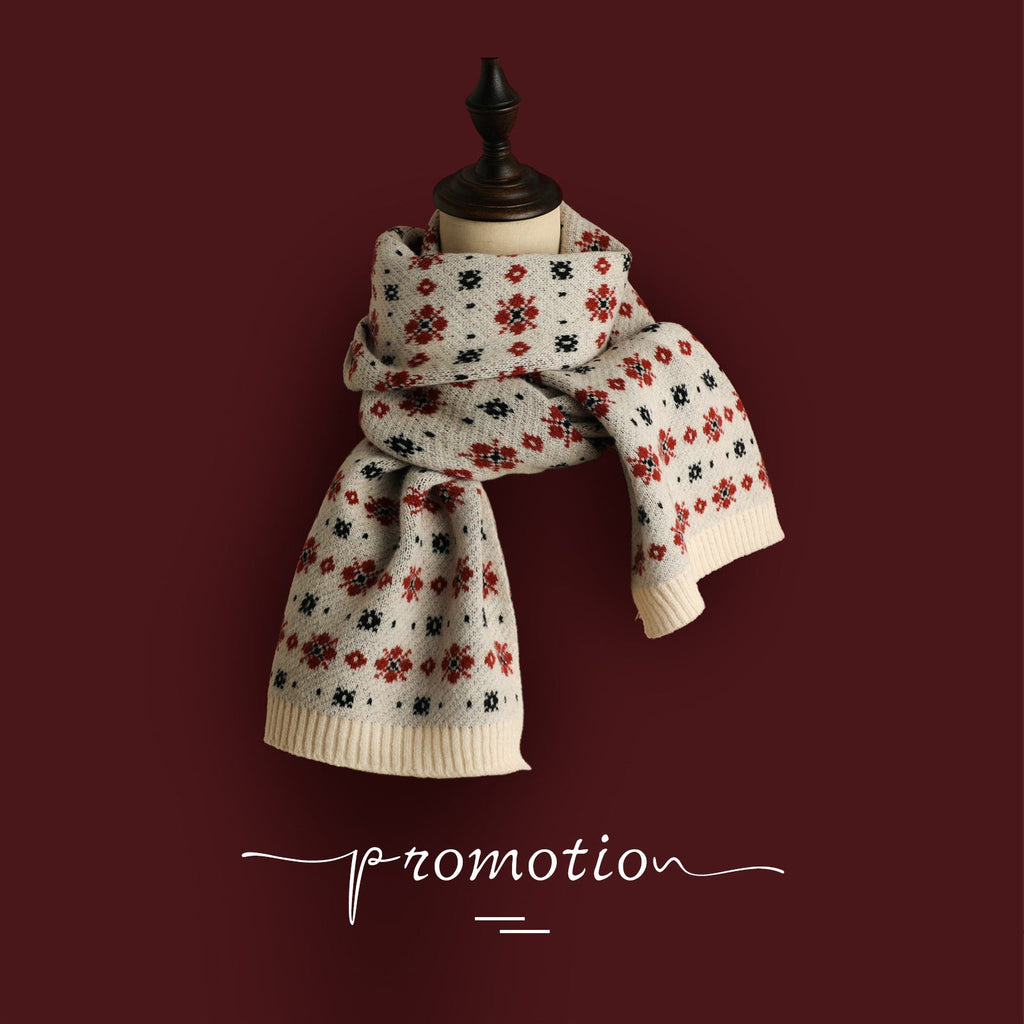 Red Knitted Scarf With Elk Print And Snowflake Pattern Designed For Warmth