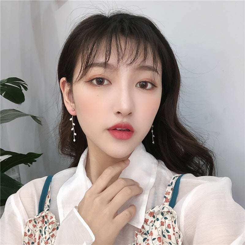 Korea Leaf Zircon Temperament All-match Long Tassel Earring
