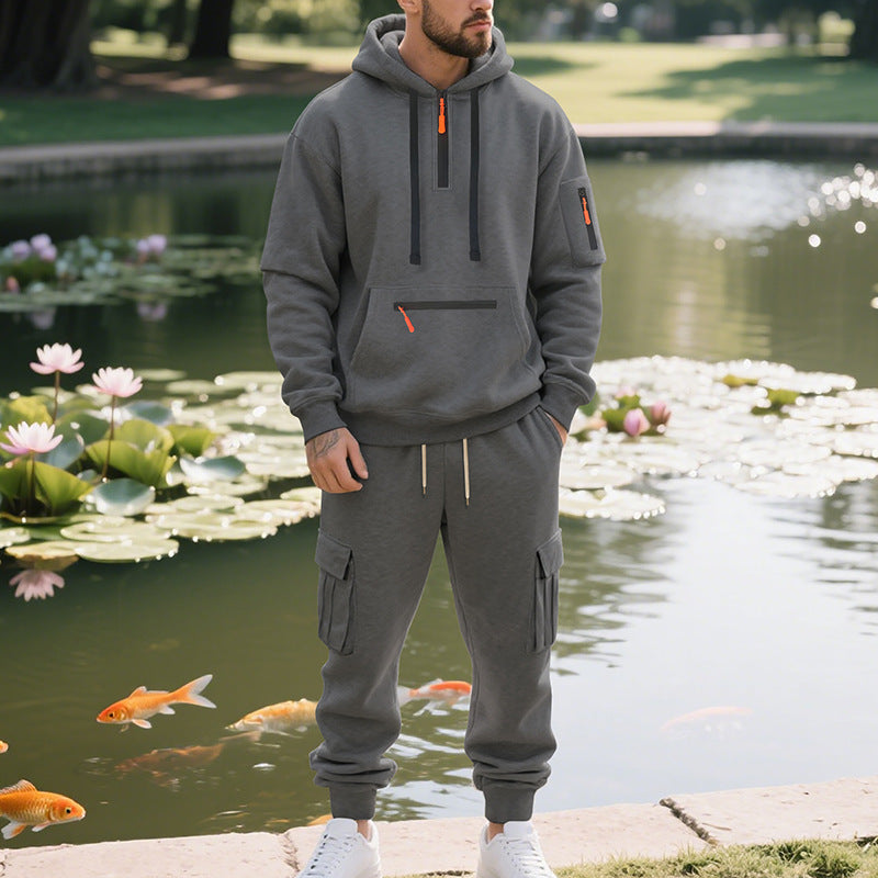 Men's Loose Sports And Leisure Suit Sweater Fleece-lined Hoodie Set Zipper Multi-Pocket Pullover Men's Sports Casual Top Two-piece Set