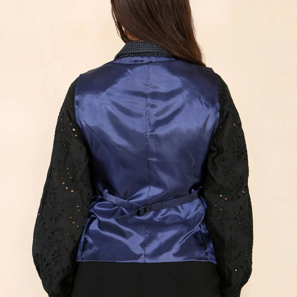 Women's Tweed Check Waistcoat Blazer Blue Suit