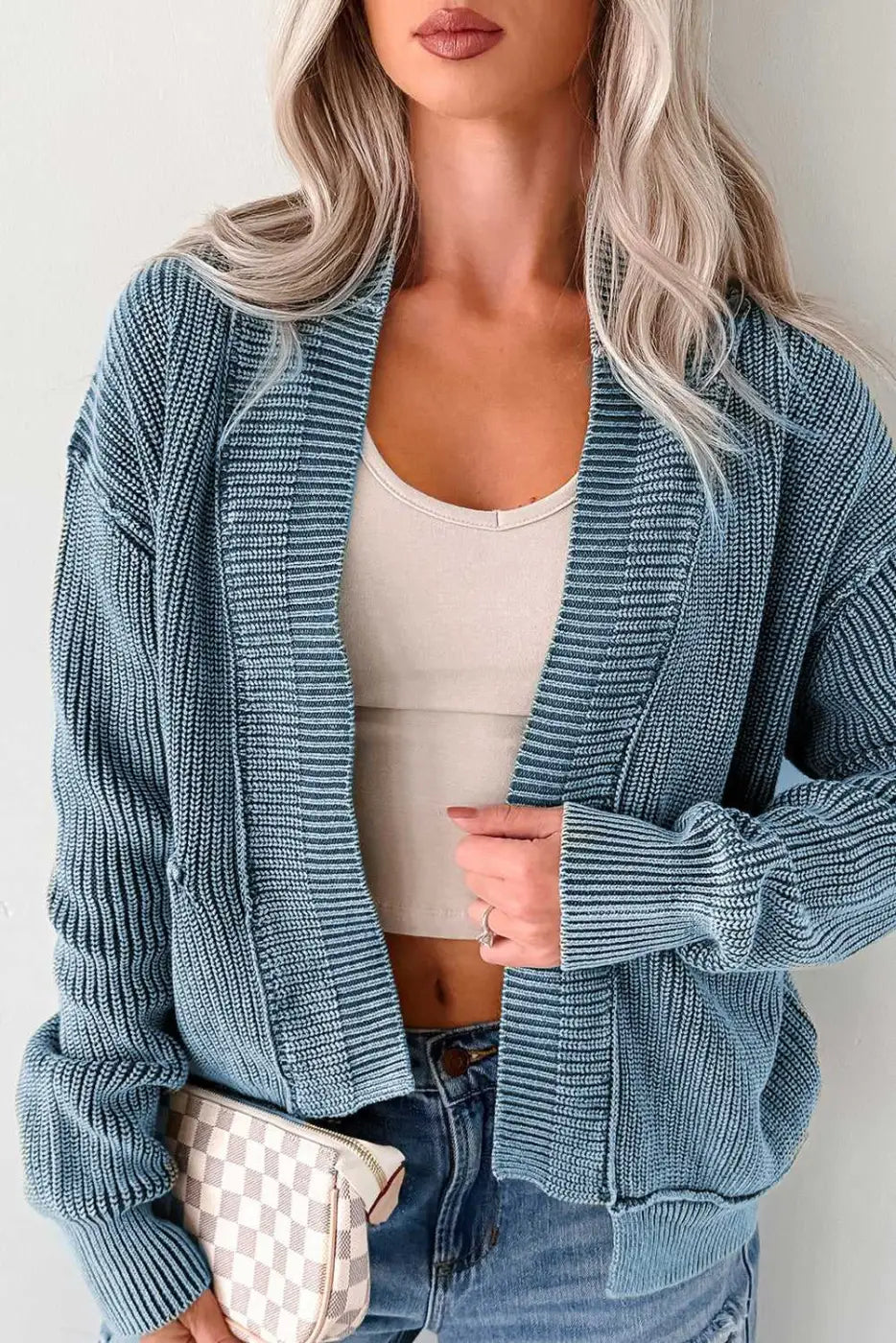 Stonewash Patchwork Knit Open Cardigan Women UK