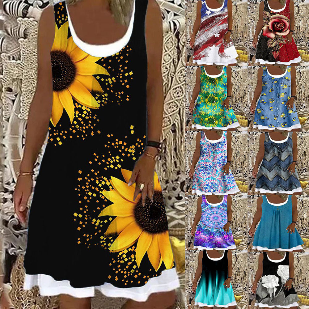 Women's Printed Patchwork Round Neck Sleeveless Pleating Dress
