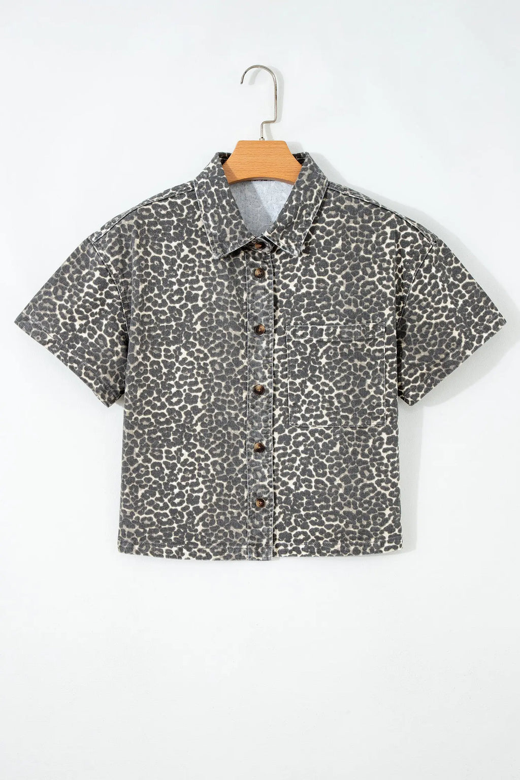 Gray Leopard Short Sleeve Denim Shirt Women UK