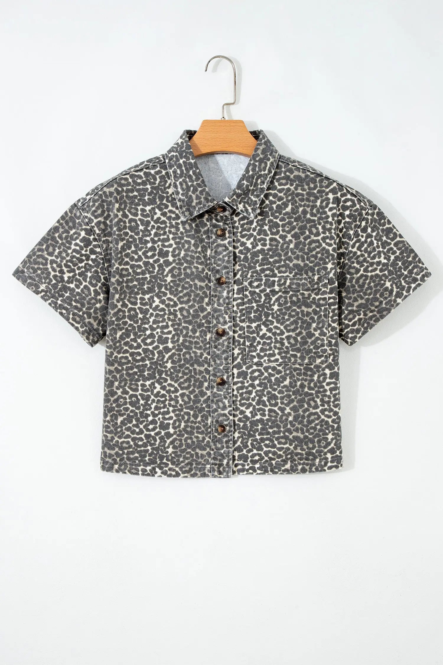 Gray Leopard Short Sleeve Denim Shirt Women UK
