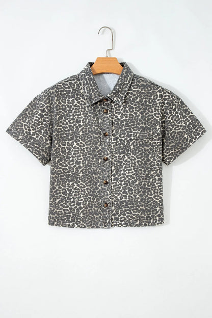 Gray Leopard Short Sleeve Denim Shirt Women UK