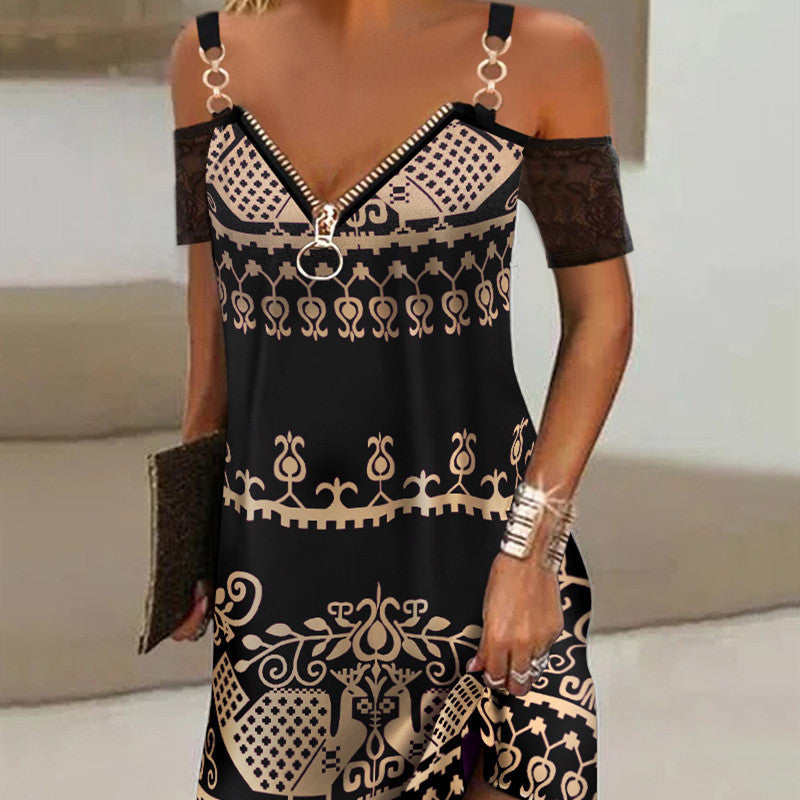 Summer Black Neck Print Dress