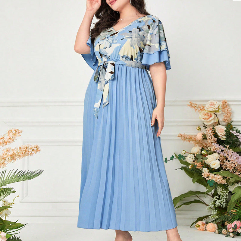 Printed V-neck Spliced Slim-fit Ladies Dress