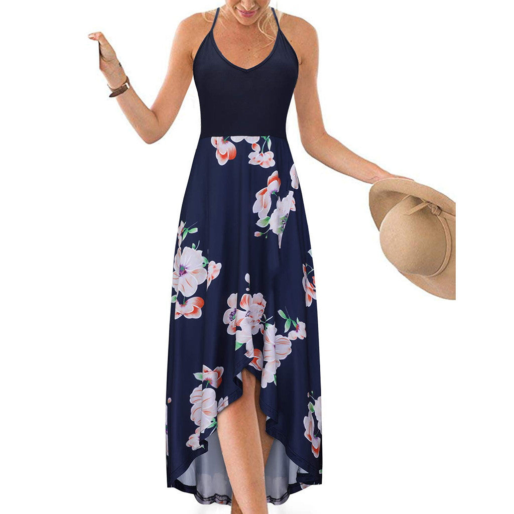 V-neck Strap Sleeveless Backless Color-matching Dress
