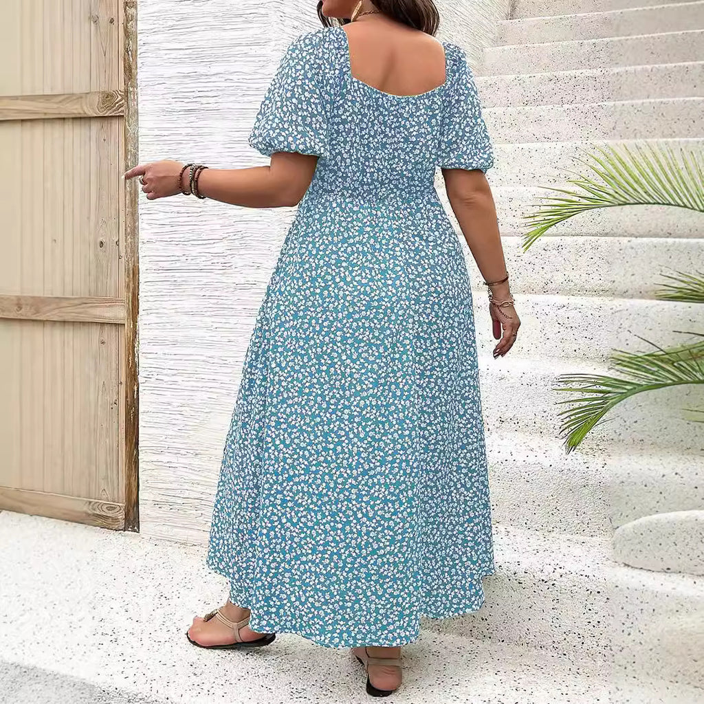 Square Collar Floral Dress Women