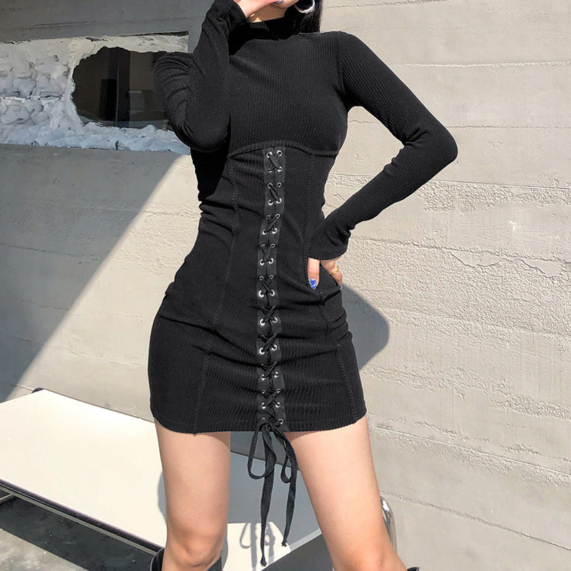 Half High Neck Patchwork Cross Tie Up Dress