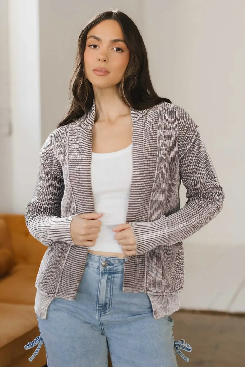 Stonewash Patchwork Knit Open Cardigan Women UK