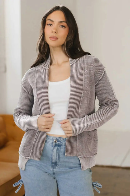 Stonewash Patchwork Knit Open Cardigan Women UK