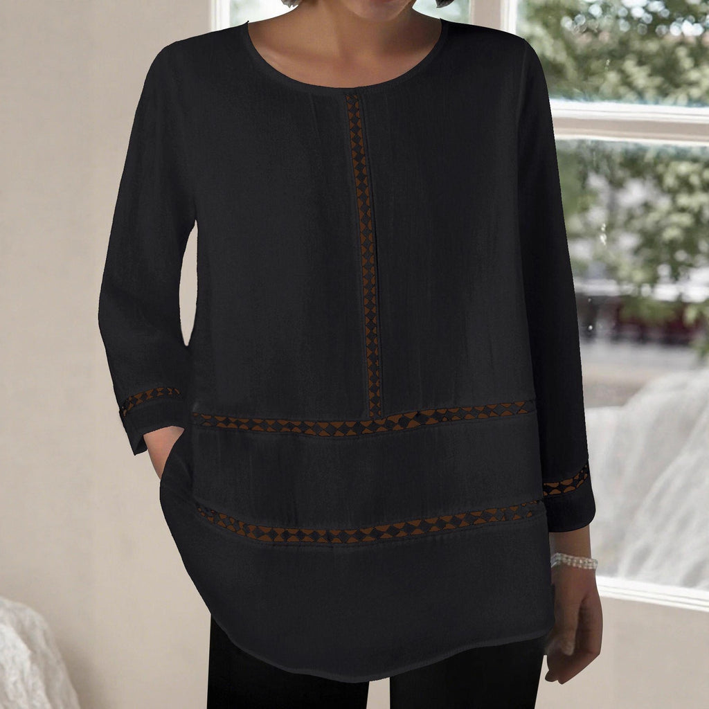 Versatile Women's Round-neck Semi-sheer Hollow-out Long-sleeve Shirt