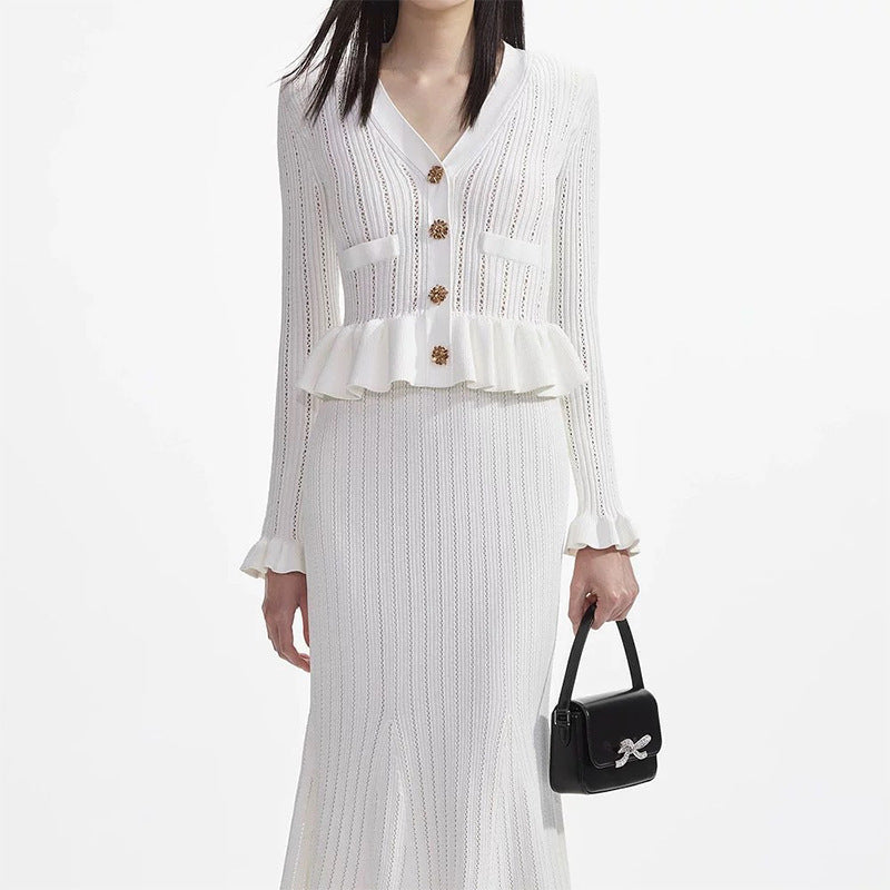 Female V-neck Ruffled Long Sleeved Patchwork Dress