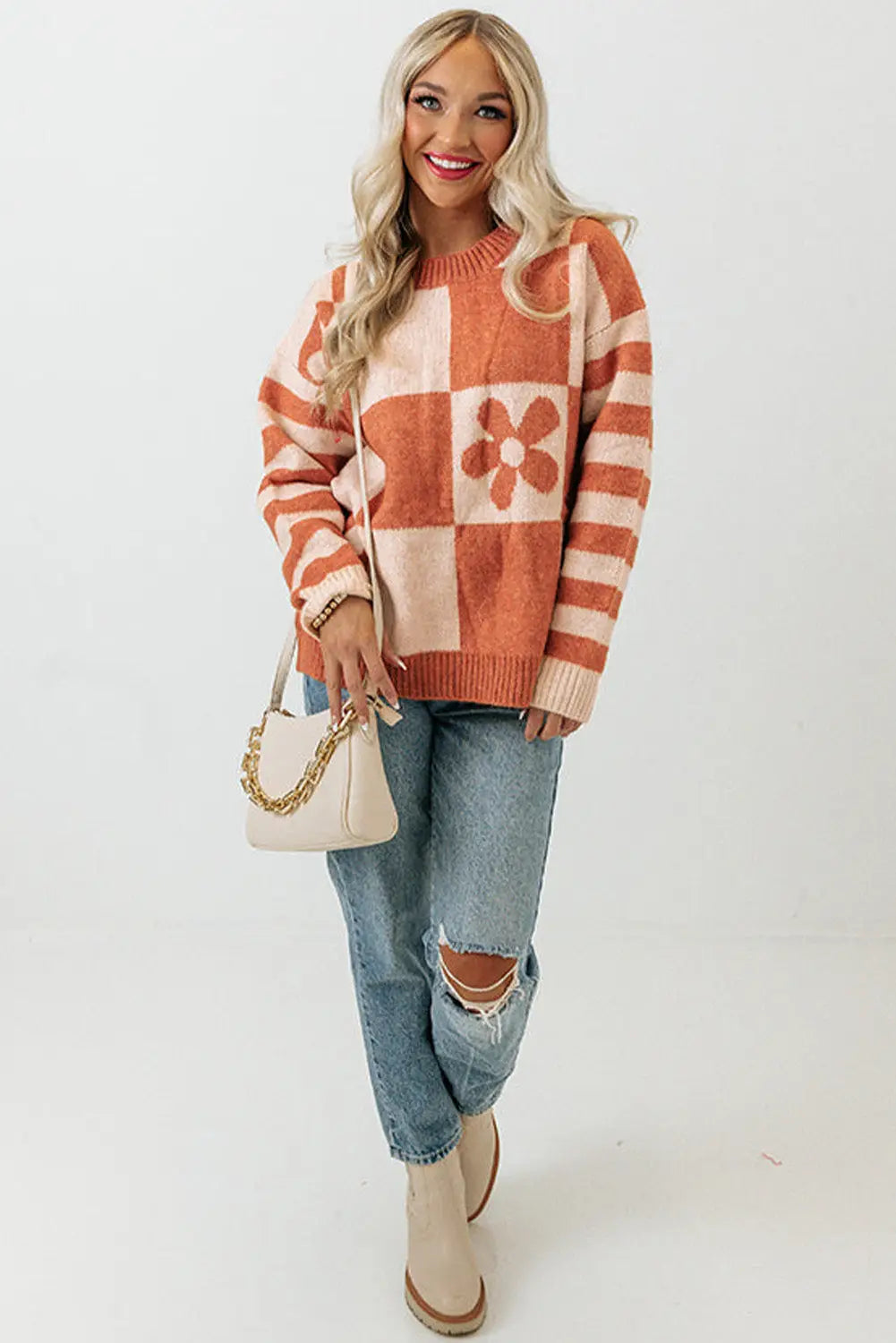 Checkered Floral Print Striped Sleeve Sweater Women UK