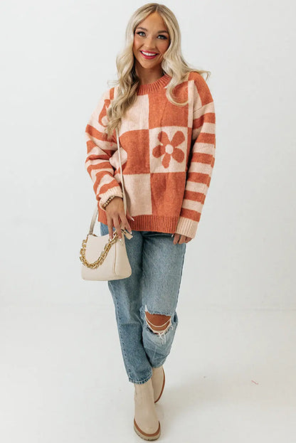 Checkered Floral Print Striped Sleeve Sweater Women UK