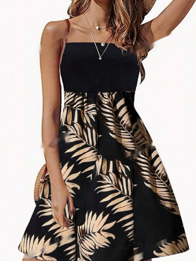 Summer Casual  Strap Dress With Patchwork Leaves Print