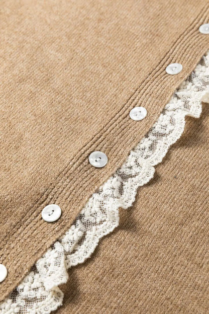 Taupe Lace Trim Loose Cardigan Women UK