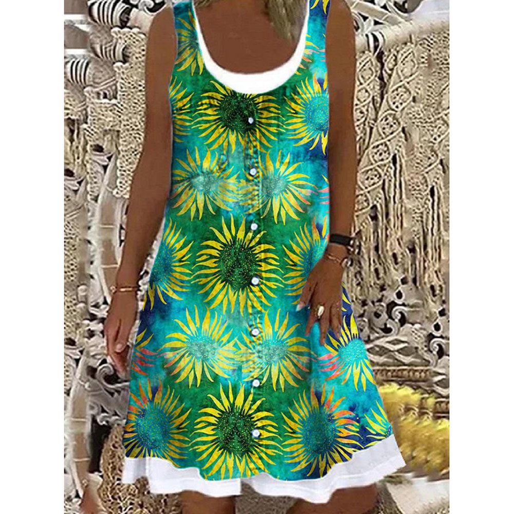 Women's Printed Patchwork Round Neck Sleeveless Pleating Dress