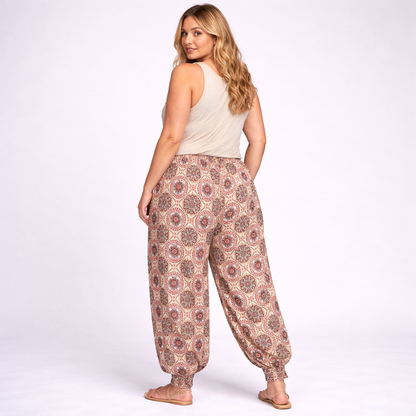 Stone Wine Tile Print High Waist Harem Pants