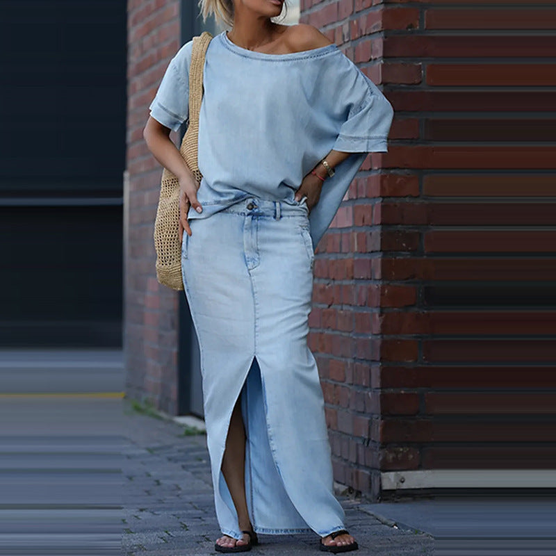 Two-piece Skirt Suits Fashion Loose Bat-sleeved Short Sleeve Top And Slim Fit Slit Maxi Skirt Patchwork Chic Outfit Women's Clothing