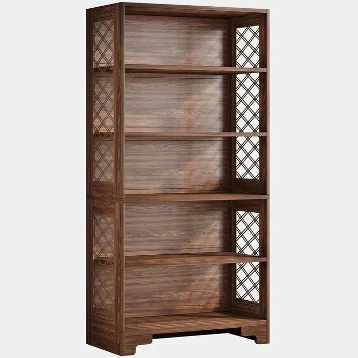 Classic 5-Tier Walnut Bookshelf - Traditional Library Display with Lattice Side Panels