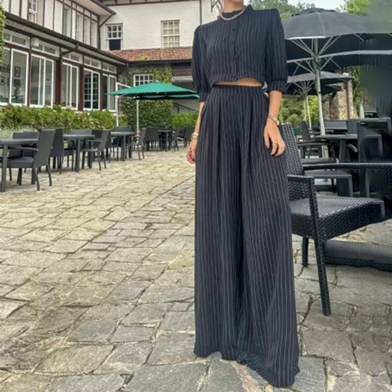 Round Neck Half Sleeve Short Vest High Waist Straight Pants Suit