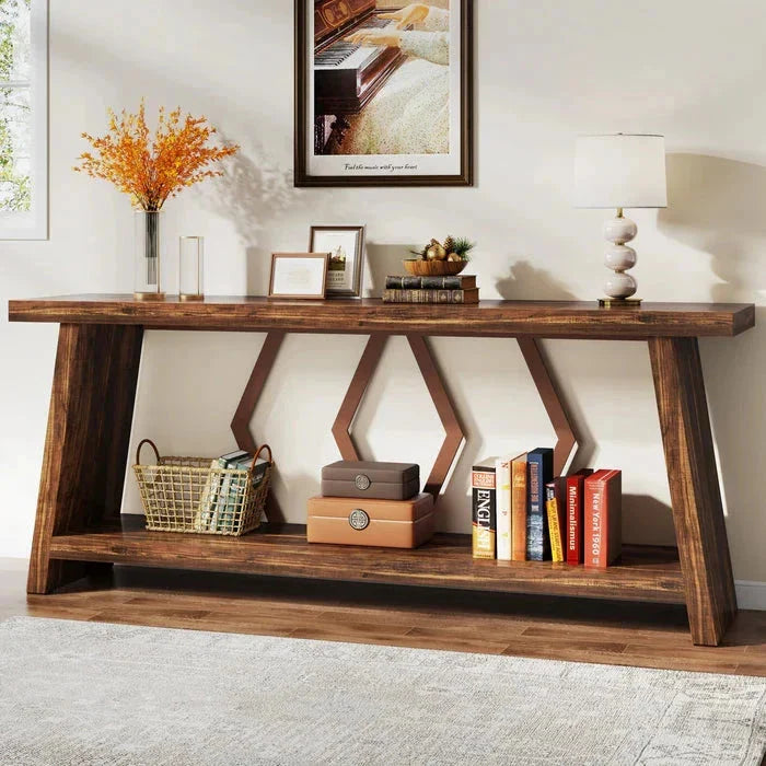 180cm Rustic Walnut Console Table - Entryway & Sofa Table with Geometric Accents
