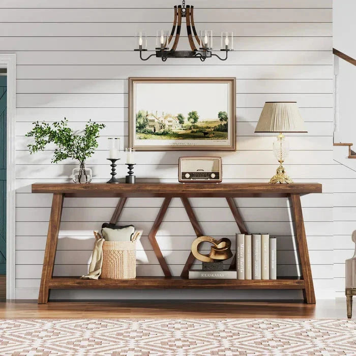 180cm Rustic Walnut Console Table - Entryway & Sofa Table with Geometric Accents
