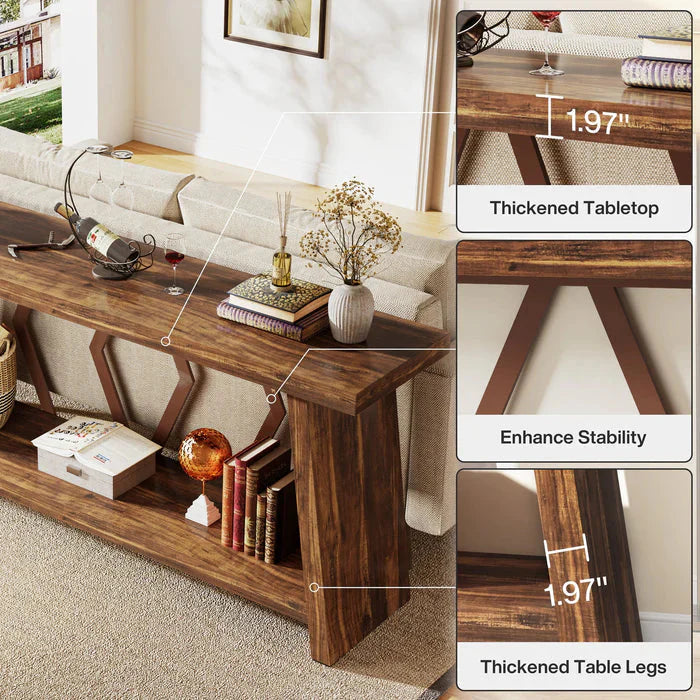 180cm Rustic Walnut Console Table - Entryway & Sofa Table with Geometric Accents