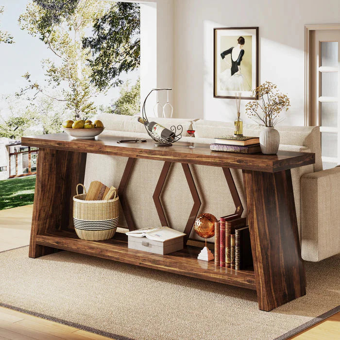180cm Rustic Walnut Console Table - Entryway & Sofa Table with Geometric Accents