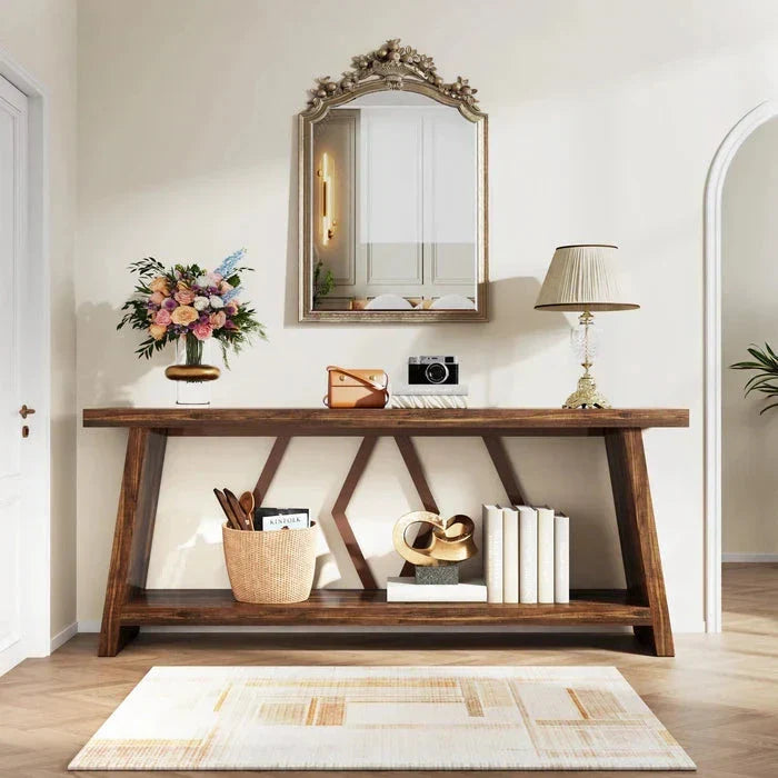 180cm Rustic Walnut Console Table - Entryway & Sofa Table with Geometric Accents