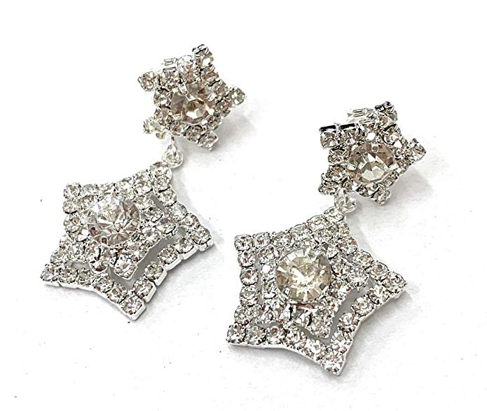 Sparkly Star Drop Dangle CLIP ON Crystal Party Earrings Bridal Womens Girls CZ Gatsby Ladies